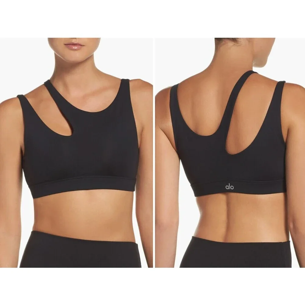 ALO YOGA Peak Sports Bra Cut Out Asymmetric One Shoulder Dark Gray Size Medium